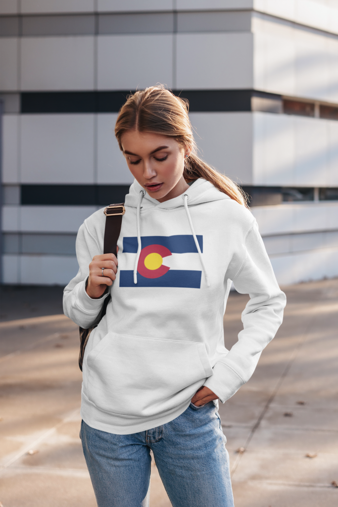 Girl wearing colorado state flag hoodie