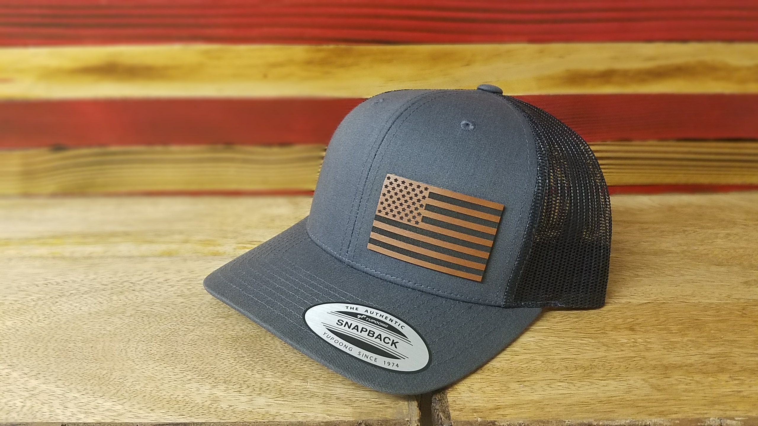il_fullxfull.3403485457_kkqy.jpg American Flag Hat | Retro Trucker | Patriotic | Gift For Men | Vegan Leather Patch - Image 1