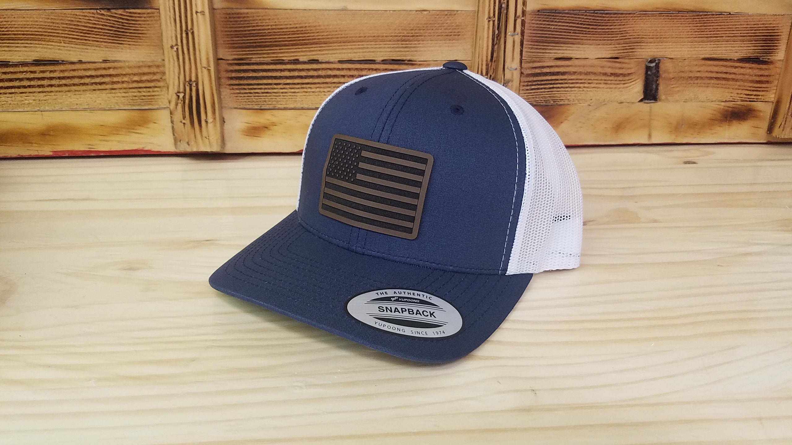 il_fullxfull.4101751291_cqzc.jpg American Flag Leather Patch Hat | Retro Trucker 6 Panel Mesh Back Adjustable Snap Closure | Patriot Gift For Him or Her - Image 1
