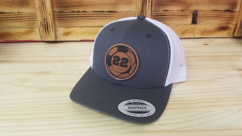 Soccer Personalized Player Number Leather Patch Hat  | Personalized Soccer Hat | Trucker Style Snapback Closure - Image 1