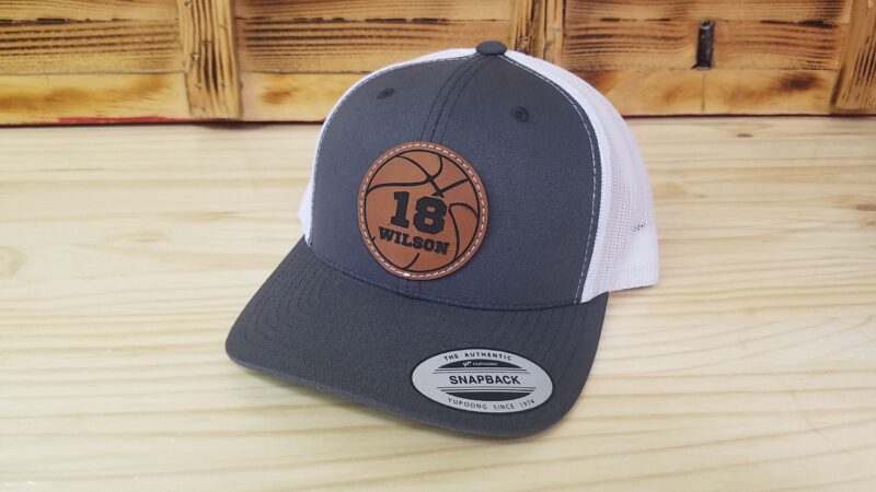 Basketball Personalized Player Number Leather Patch Hat  | Personalized Basketball Hat | Trucker Style Snapback Closure - Image 1