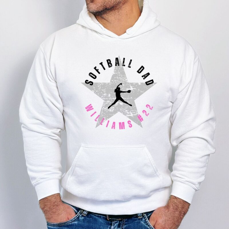 Personalized Softball Dad Hoodie, Softball Player Name and Number Sweatshirt, Peronalized Softball Dad T-Shirt - Image 3