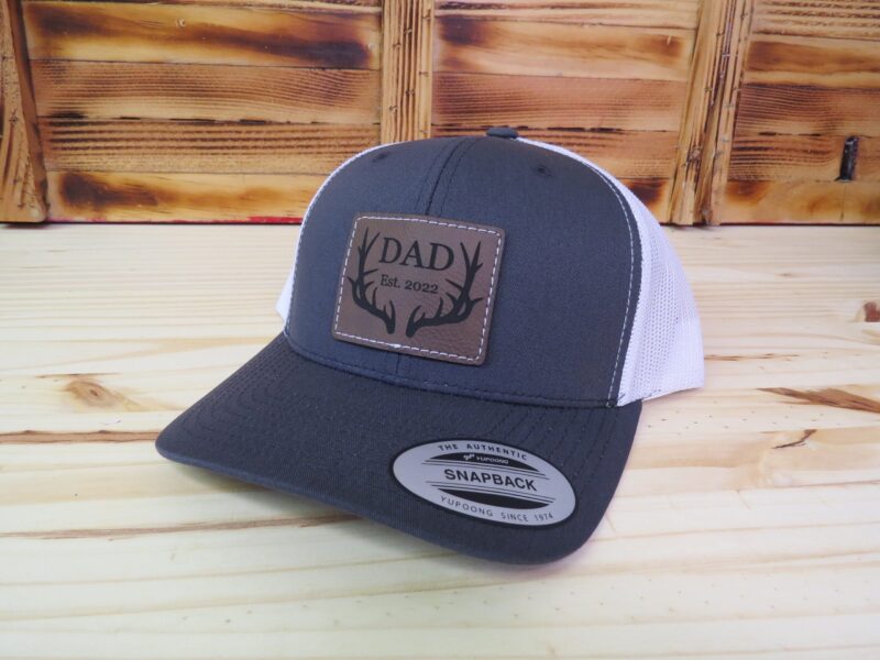 Dad Established Date Leather Patch Hat With Sewn Edge | Retro Trucker Snapback | Gift For Dad | New Dad | Fathers Day Gift - Image 4