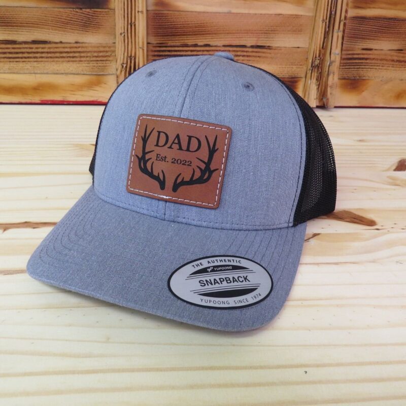 Dad Established Date Leather Patch Hat With Sewn Edge | Retro Trucker Snapback | Gift For Dad | New Dad | Fathers Day Gift - Image 1