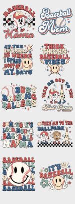 Retro Baseball DTF Transfers Bundle, Includes 10 Ready To Press Transfers, 22x60 Inch Roll, Baseball Direct To Film, Easy To Apply