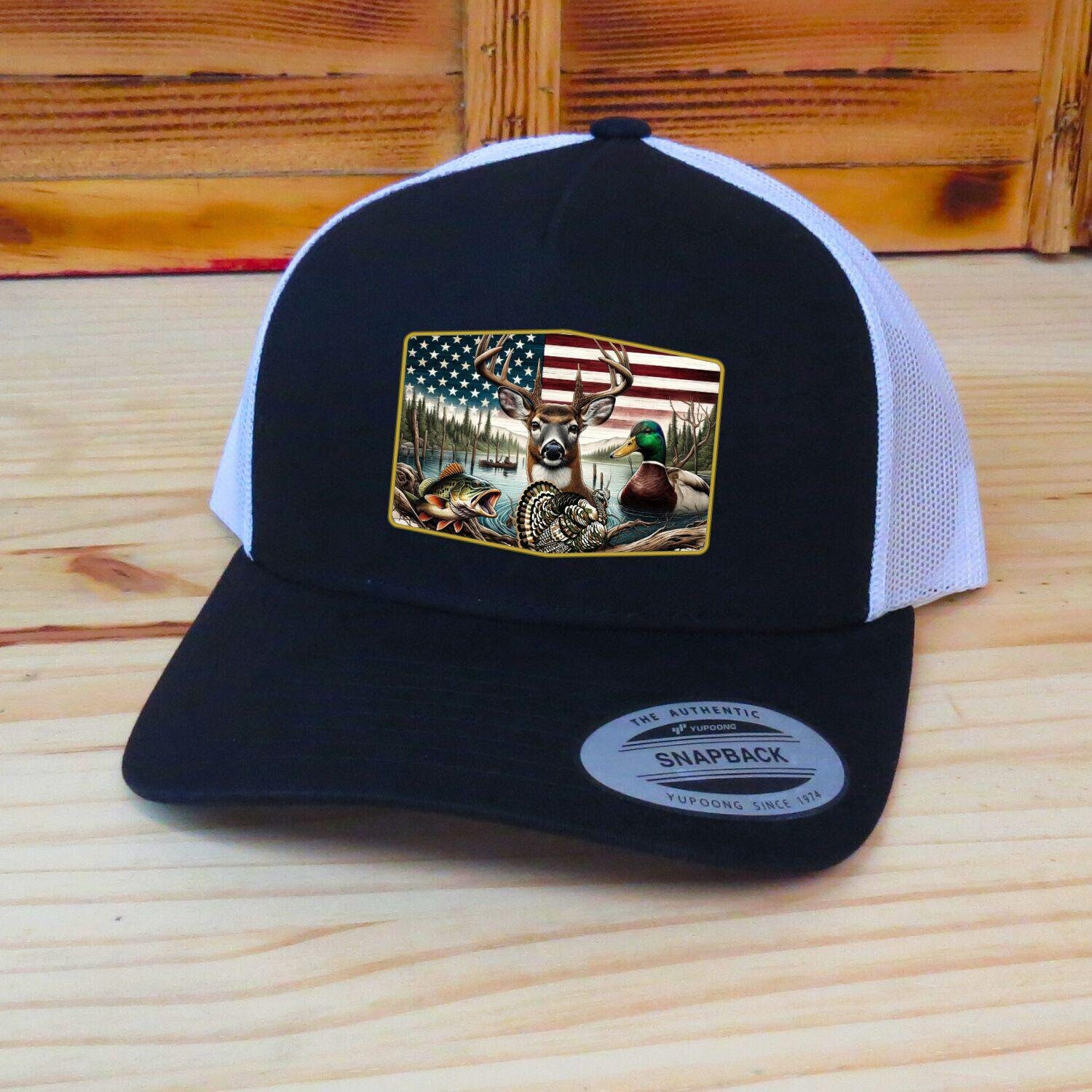 il_fullxfull.6271155358_spg9.jpg American Flag Hunting Hat, Deer Hunting, Duck Hunting, Bass Fishing, Gift For Hunter, Outdoorsman, Retro Trucker Hat, Printed Graphic - Image 1