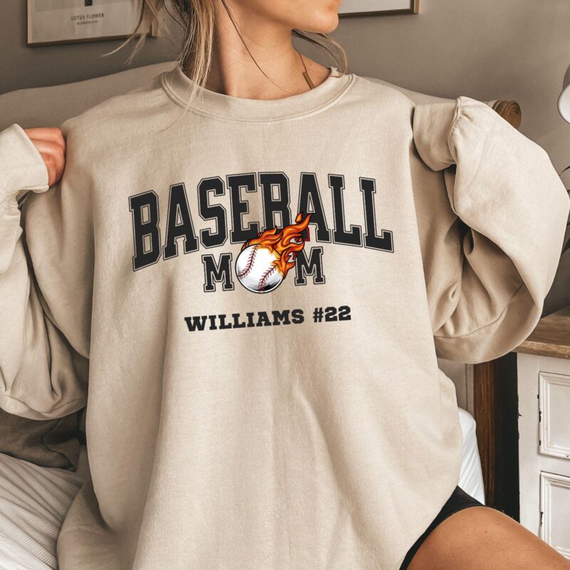 Personalized Baseball Mom Hoodie With Player Name And Number, Also Available in T-Shirts And Crewneck Sweatshirts. Baseball Gameday Hoodie. - Image 3