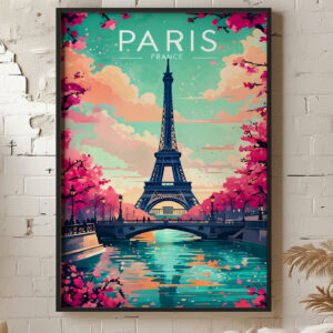 Eiffel Tower In Paris Wall Art, Cherry Blossoms Vintage Print for Posters or Framed Wall Art, Vintage Travel Home Decor